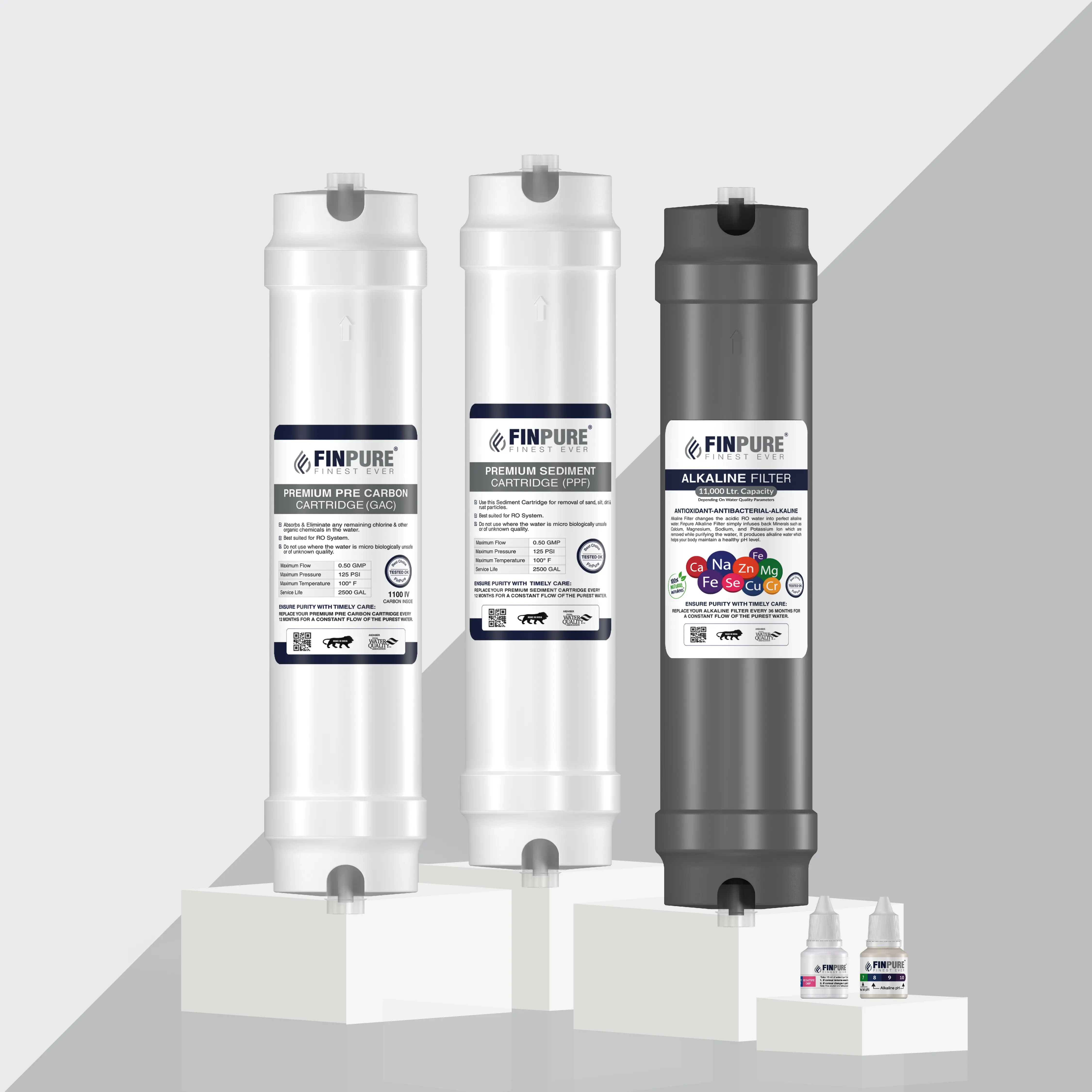 Premium Pre Carbon Cartridge (GAC)  l  Premium Sediment Cartridge (PPF)  l  Alkaline Filter 11,000 Ltr(With pH & ORP Bottles)